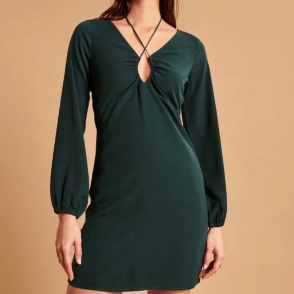 ABERCROMBIE AND FITCH forest green long sleeve swing mini dress size SP tie neck